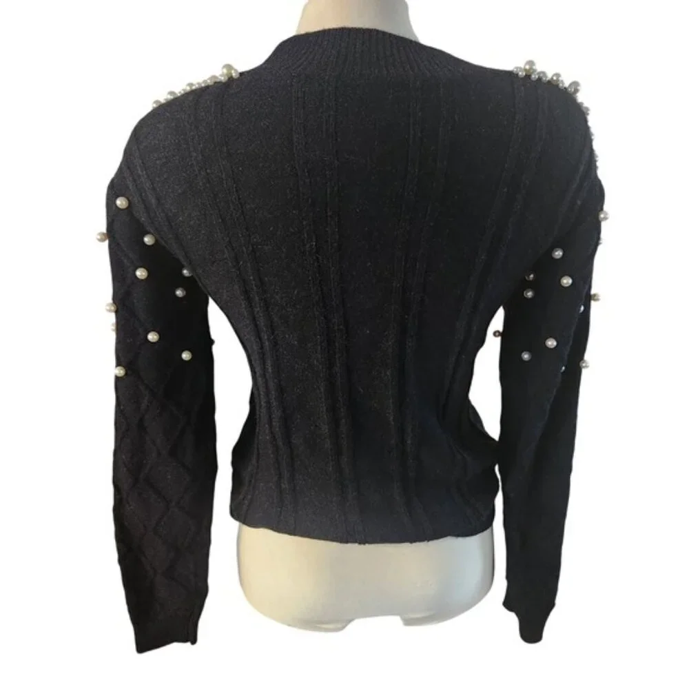 Black Pearl Embellished Sweater Long Sleeve Diamond Knit Shoulder‎ Pearls